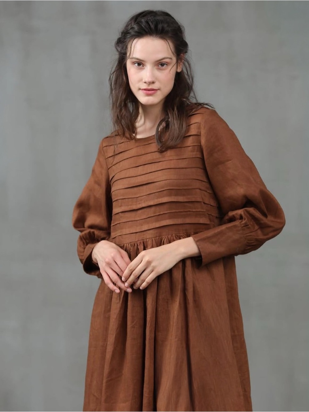 Linennaive Long Sleeve Pleated Maxi Linen Dress - Picture 3 of 10